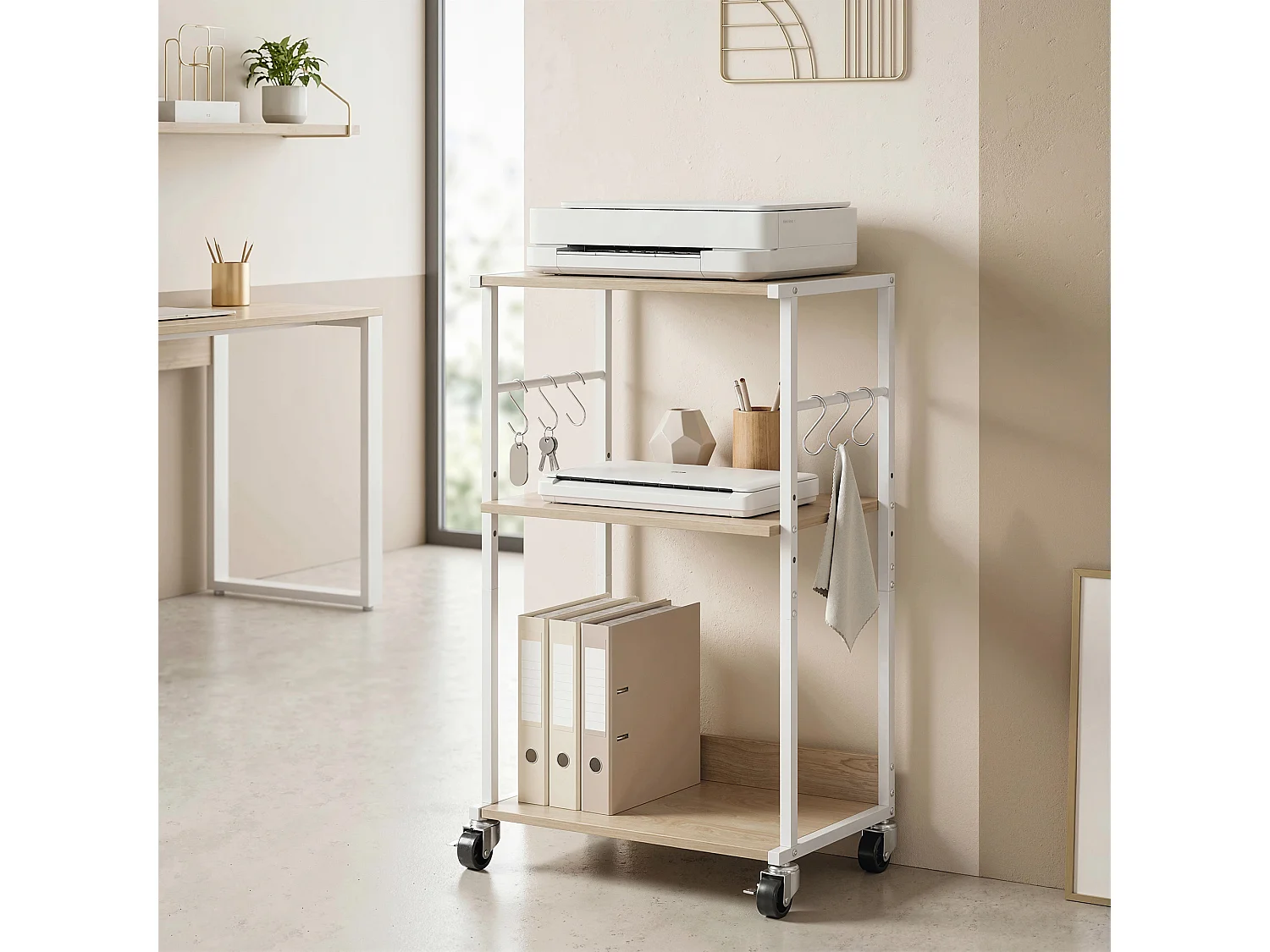 Supporto stampante 3 livelli con ruote in legno naturale