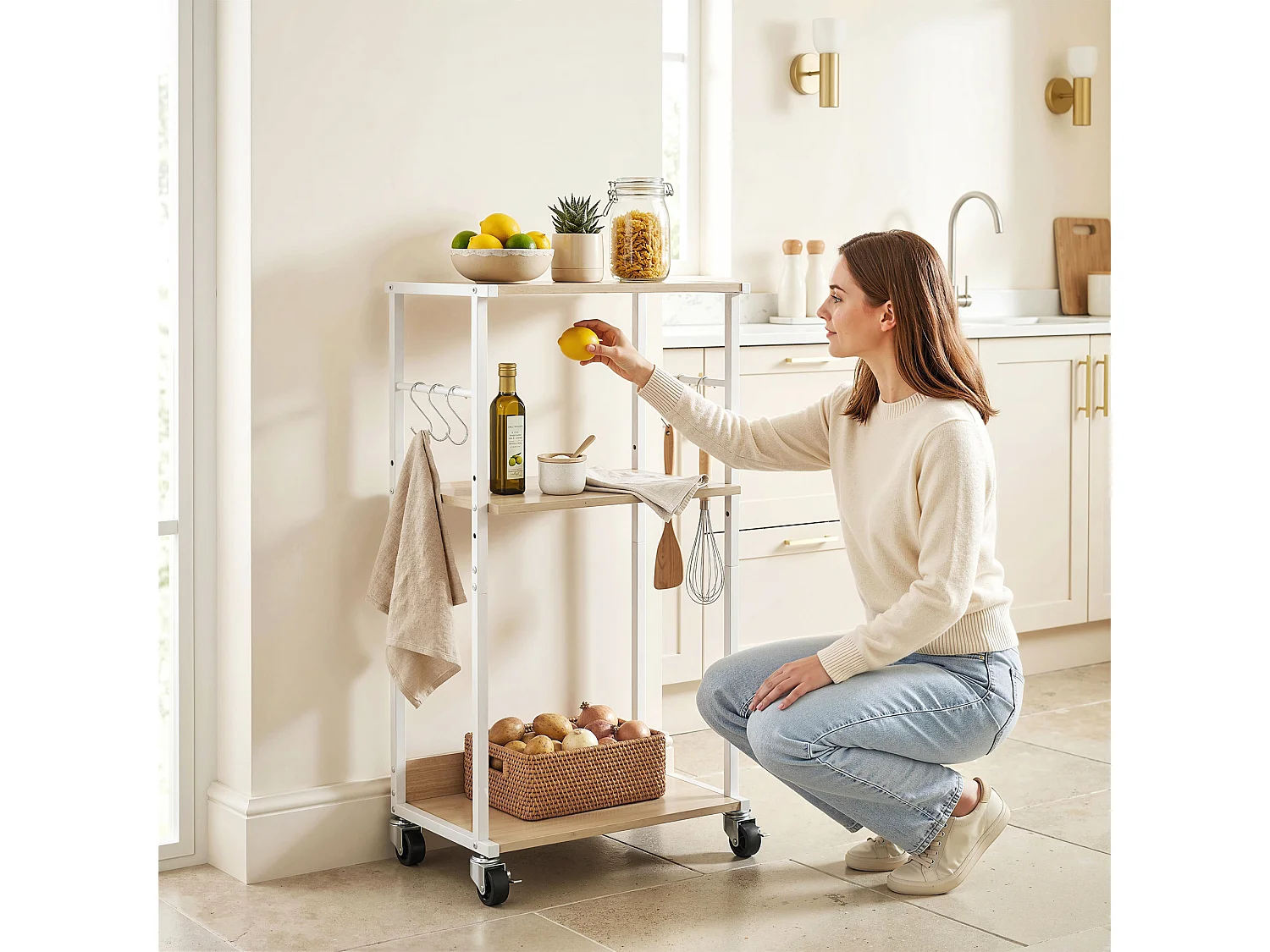 Supporto stampante 3 livelli con ruote in legno naturale