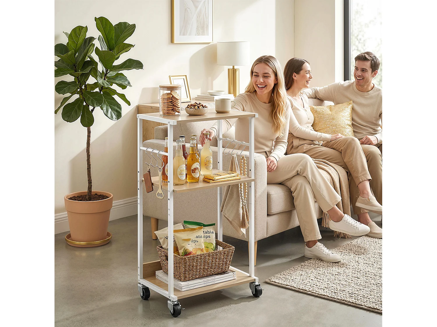 Supporto stampante 3 livelli con ruote in legno naturale