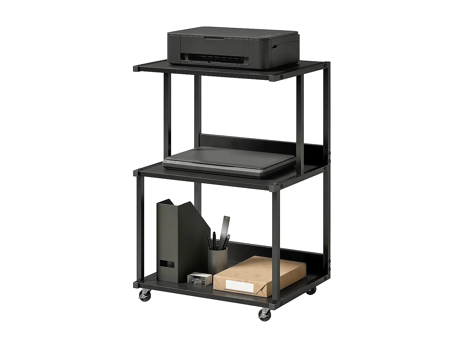 Supporto stampante a 3 livelli con ruote in metallo nero