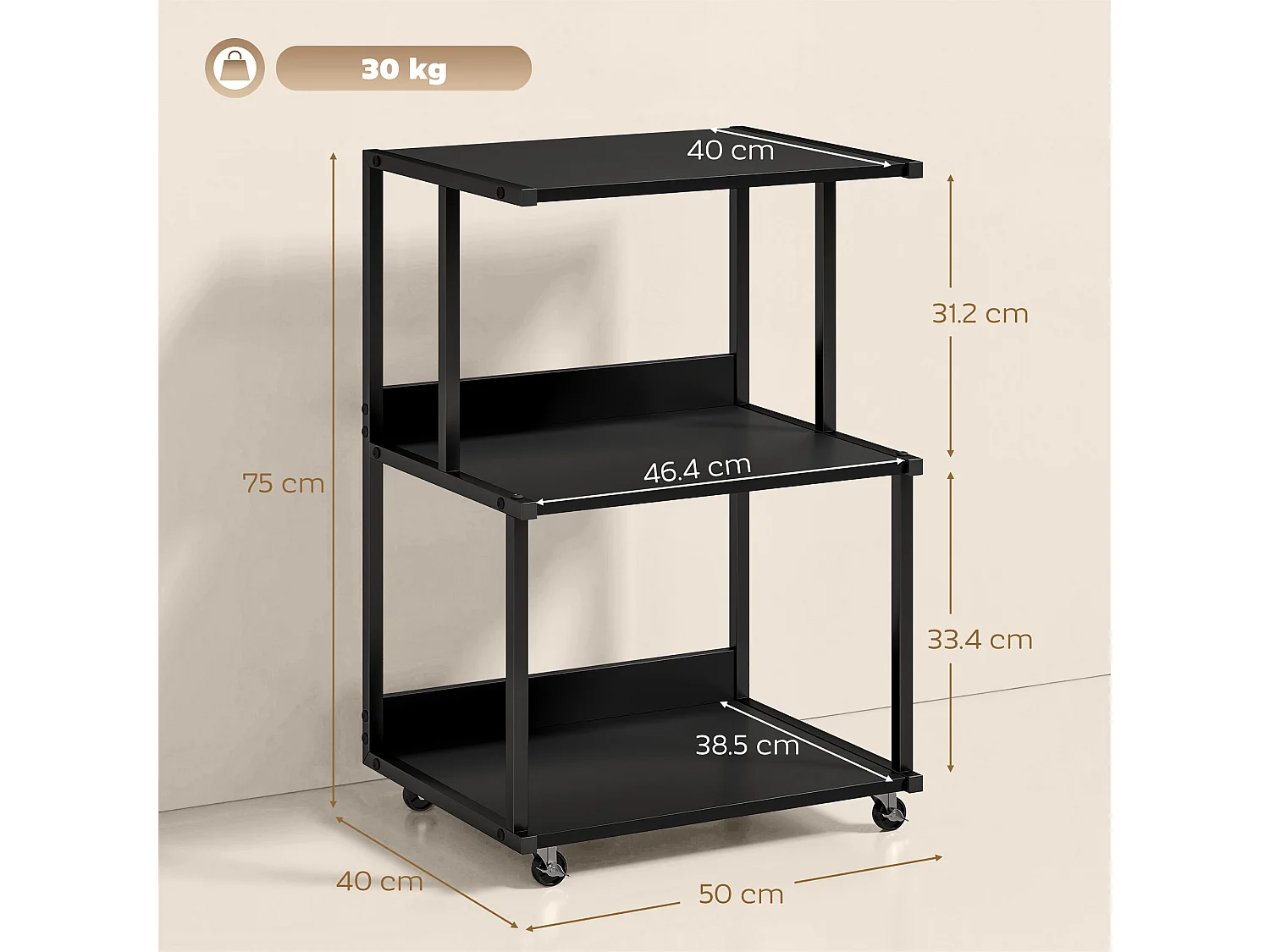 Supporto stampante a 3 livelli con ruote in metallo nero