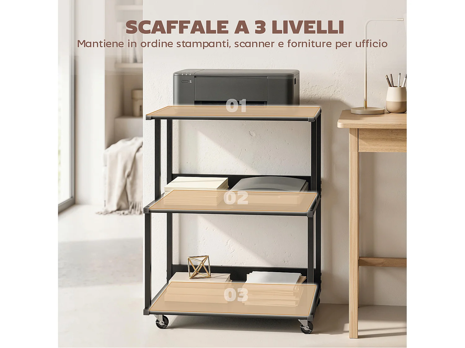 Supporto stampante a 3 livelli con ruote in metallo nero