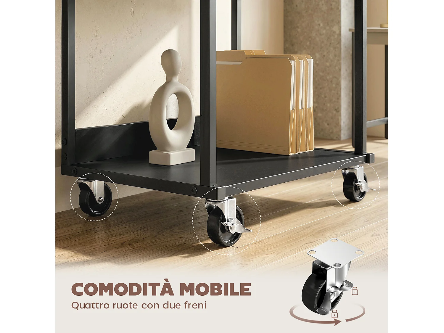 Supporto stampante a 3 livelli con ruote in metallo nero