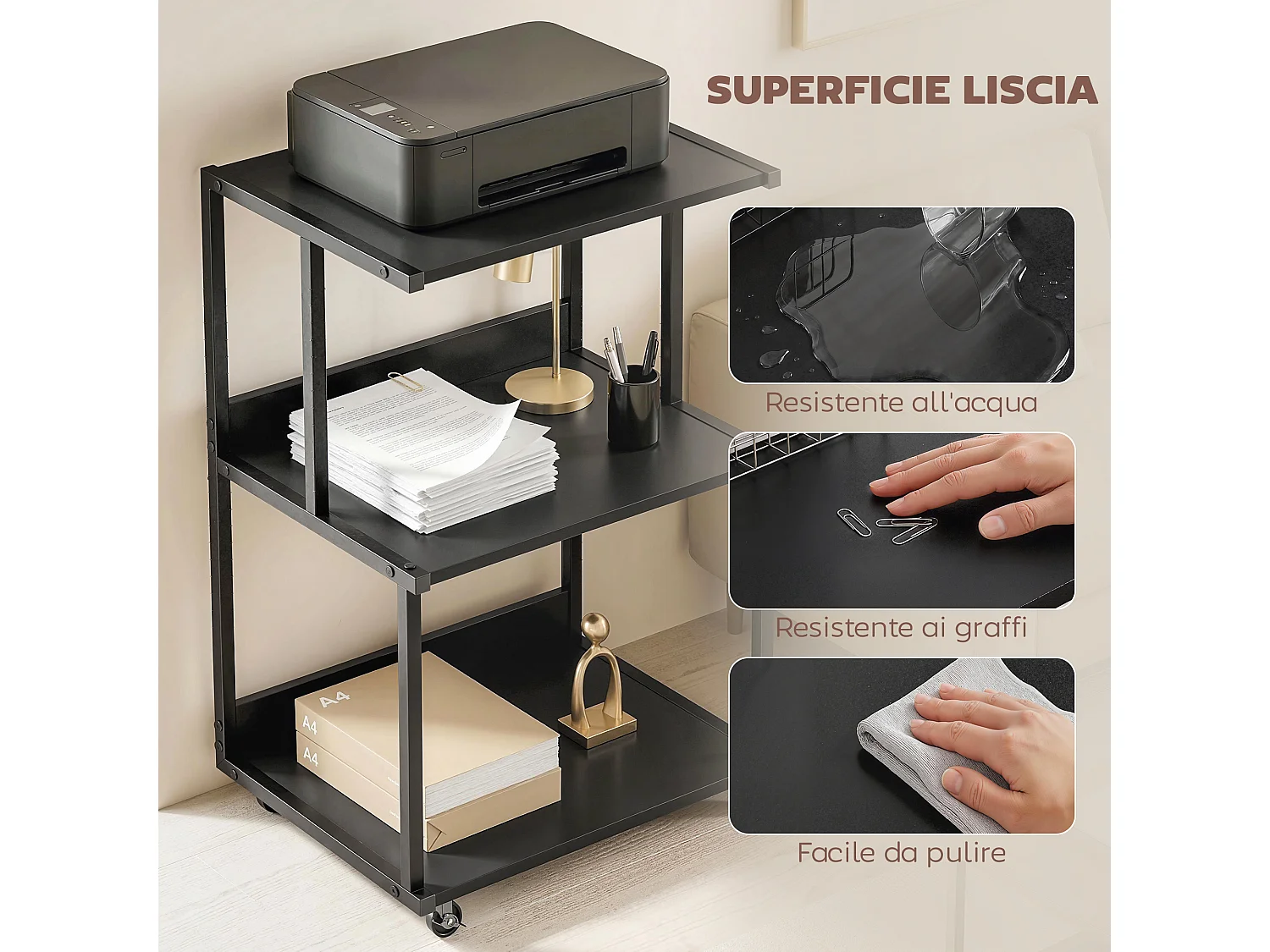 Supporto stampante a 3 livelli con ruote in metallo nero