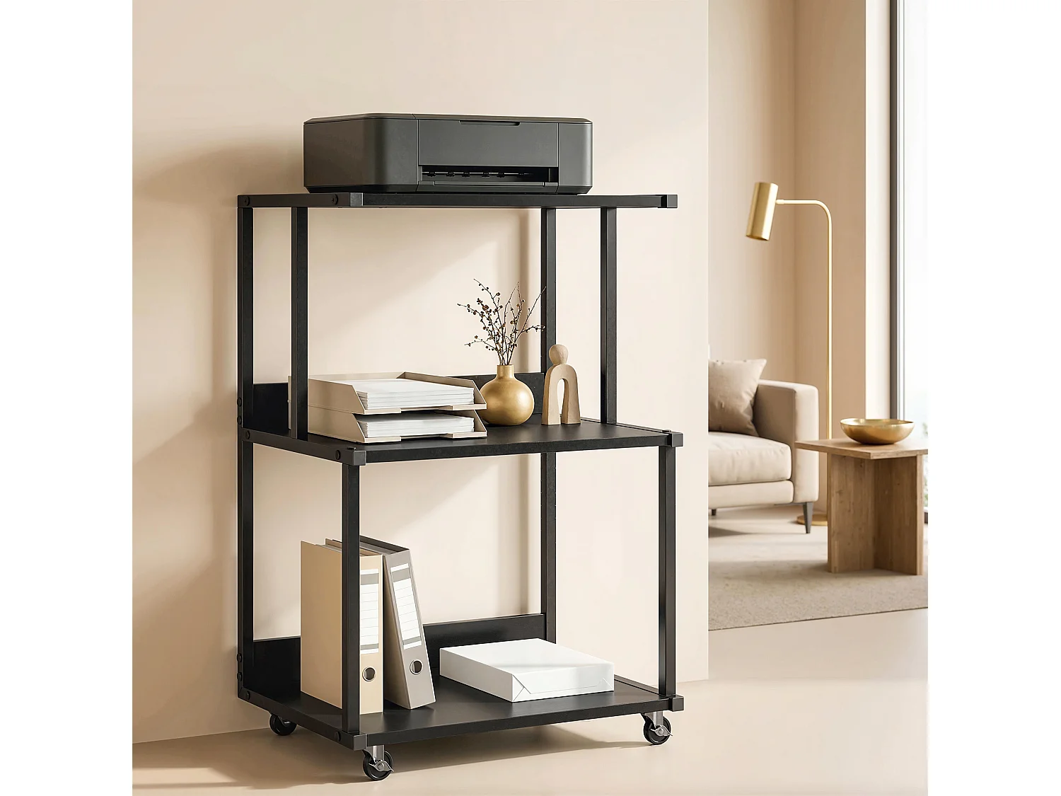 Supporto stampante a 3 livelli con ruote in metallo nero