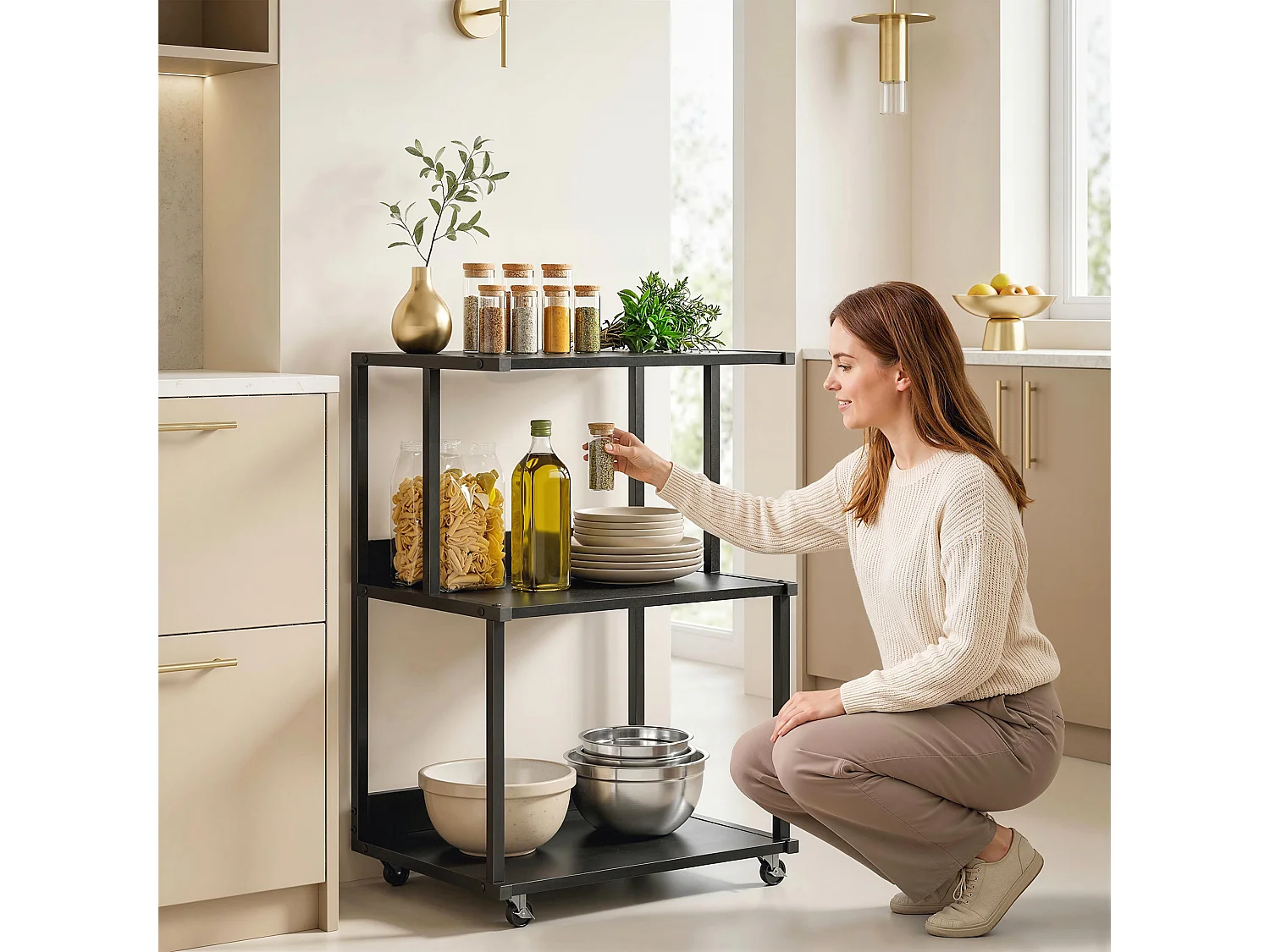Supporto stampante a 3 livelli con ruote in metallo nero