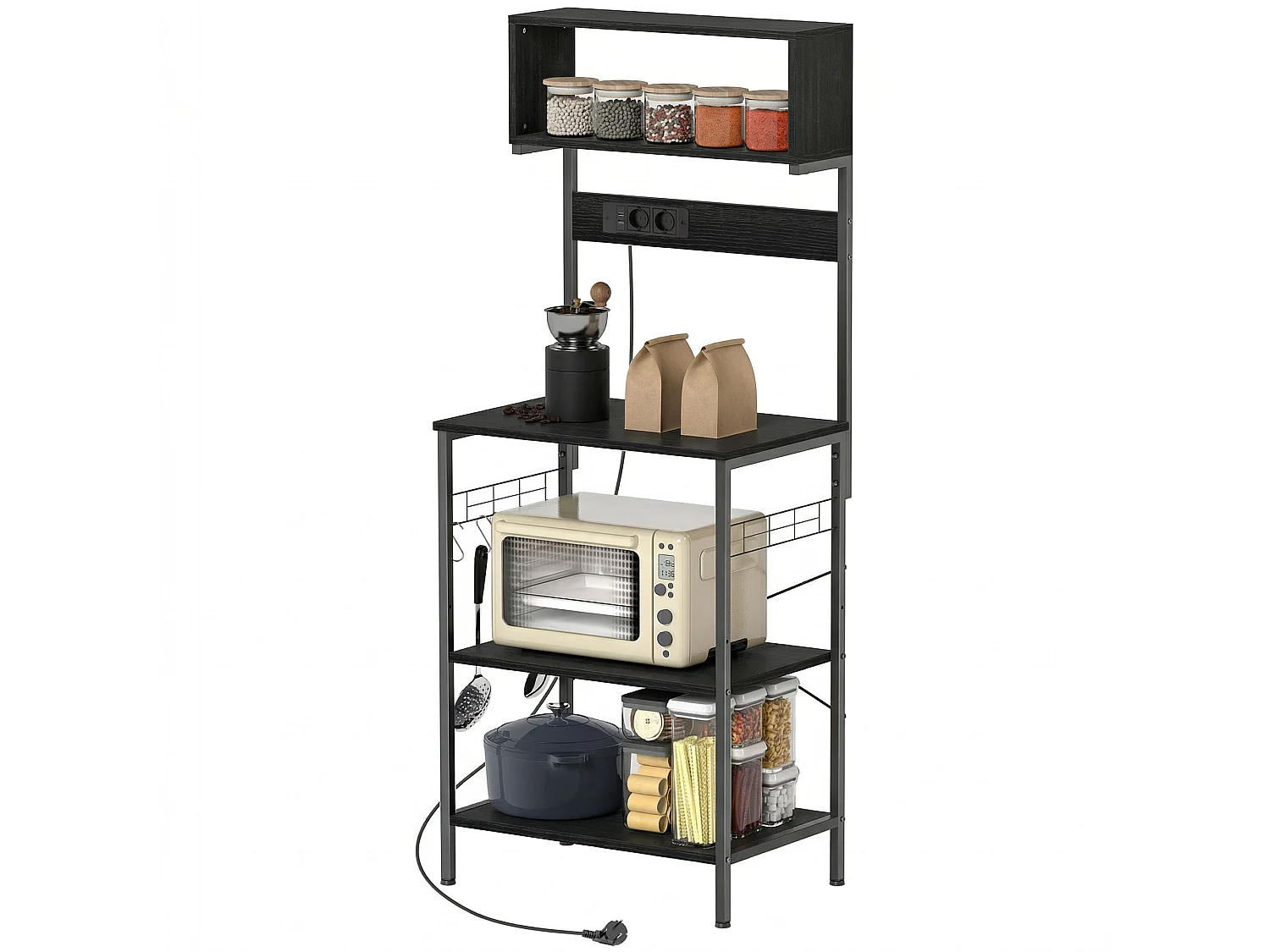Scaffale da cucina con multipresa per microonde con ripiani nero