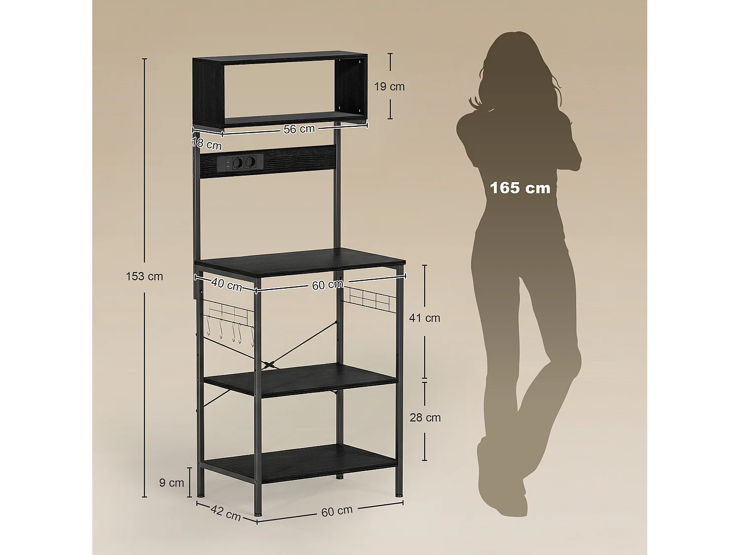 Scaffale da cucina con multipresa per microonde con ripiani nero