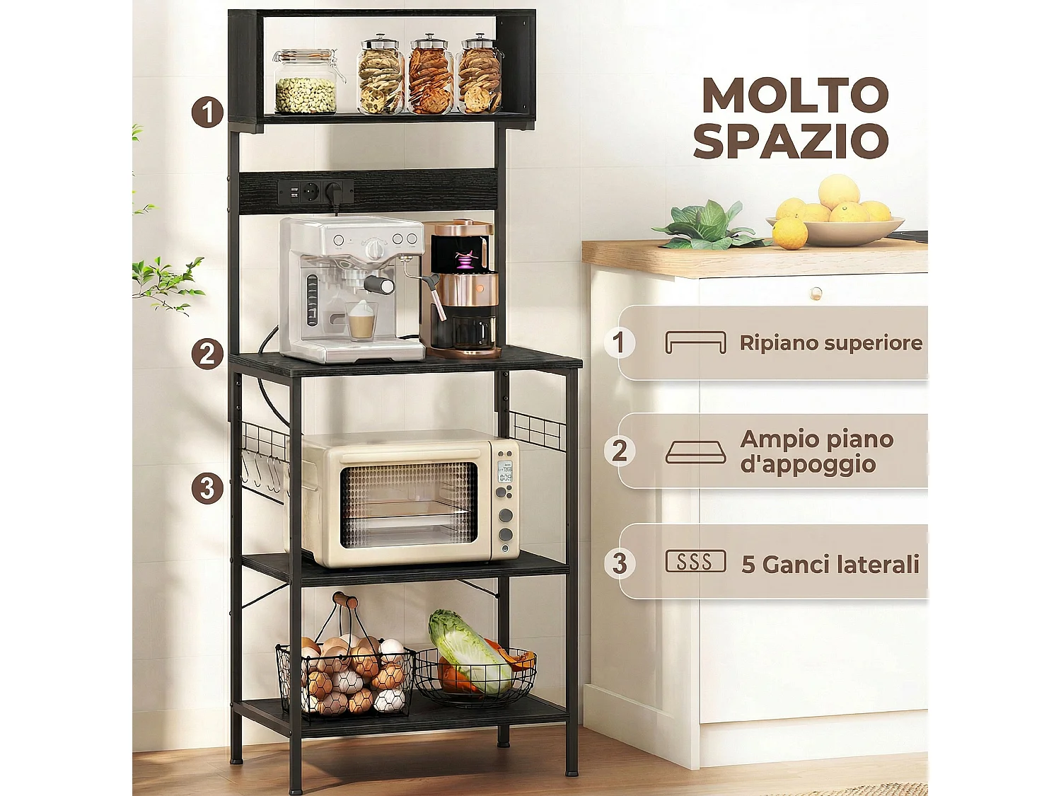 Scaffale da cucina con multipresa per microonde con ripiani nero