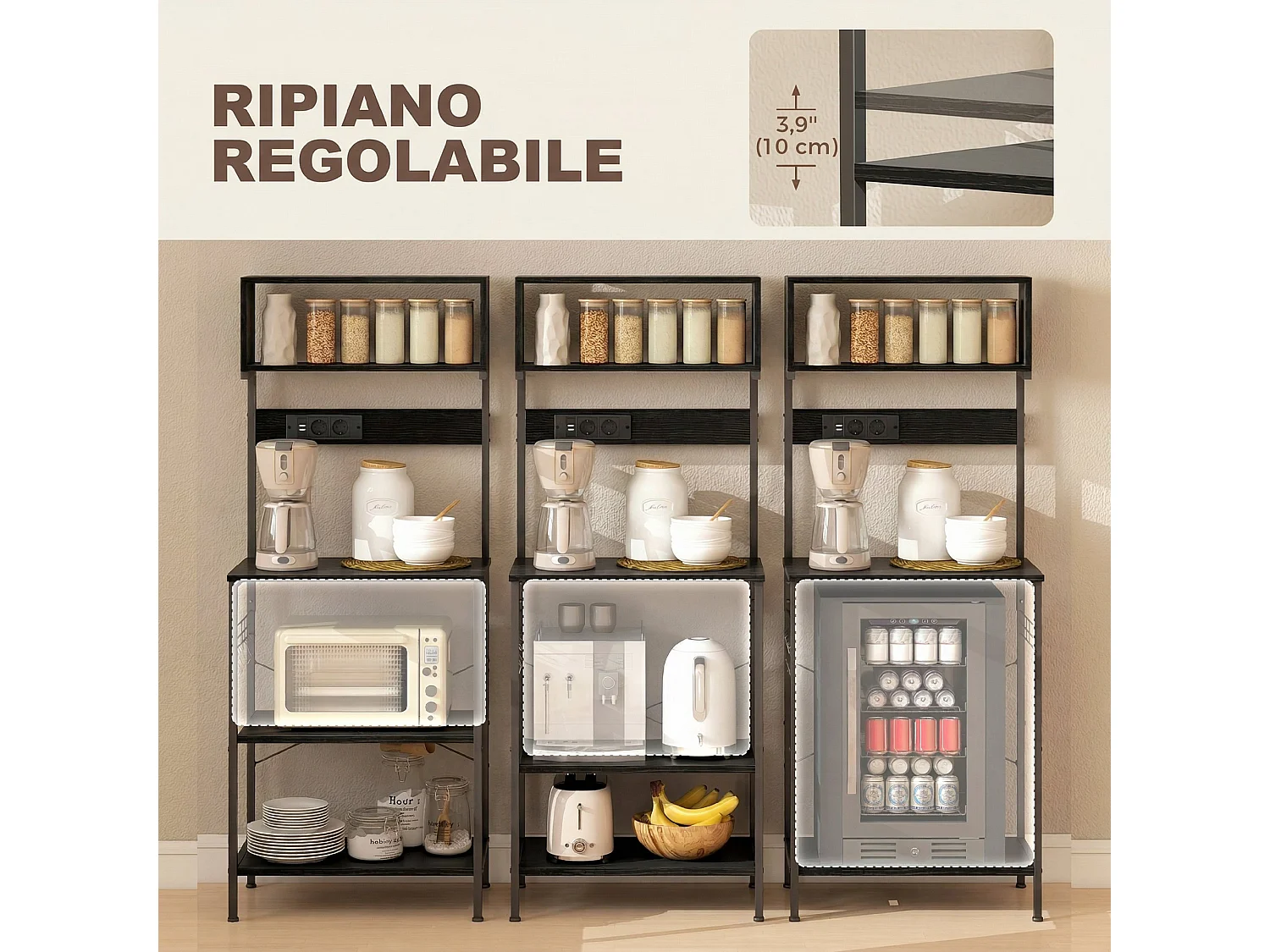 Scaffale da cucina con multipresa per microonde con ripiani nero