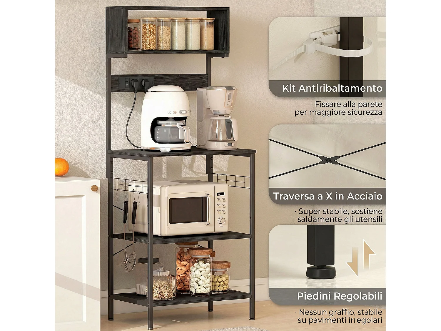 Scaffale da cucina con multipresa per microonde con ripiani nero
