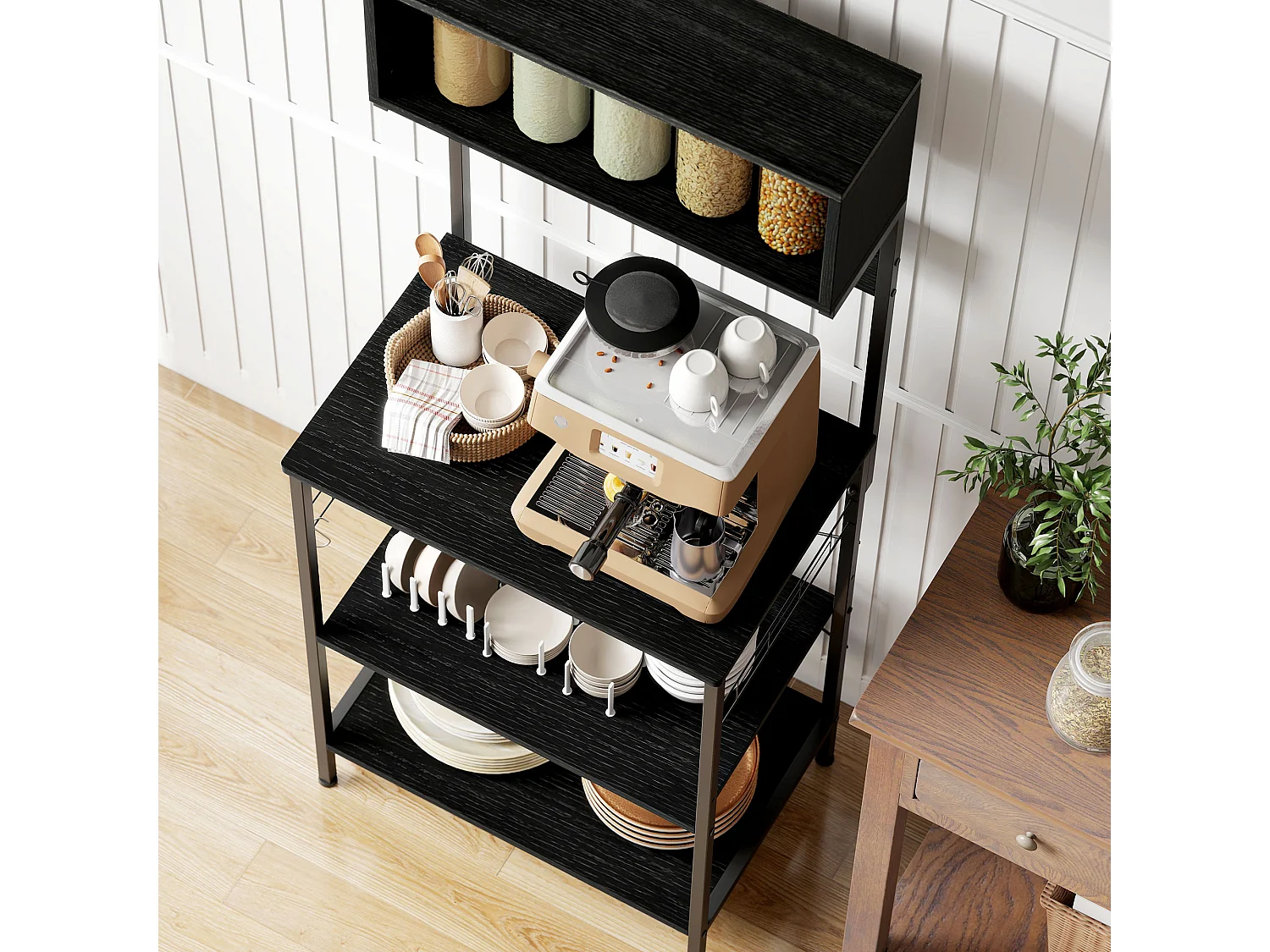 Scaffale da cucina con multipresa per microonde con ripiani nero