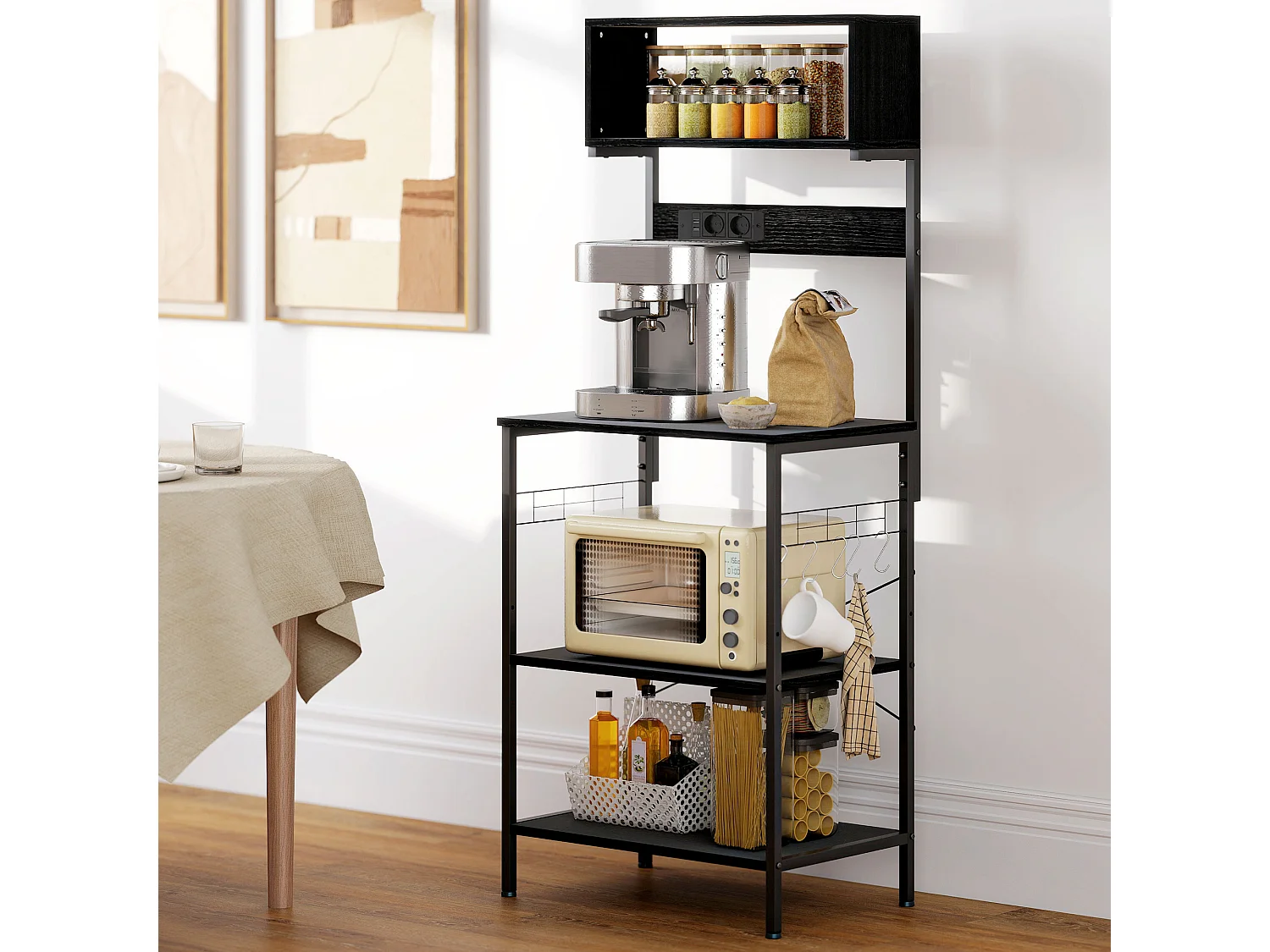 Scaffale da cucina con multipresa per microonde con ripiani nero