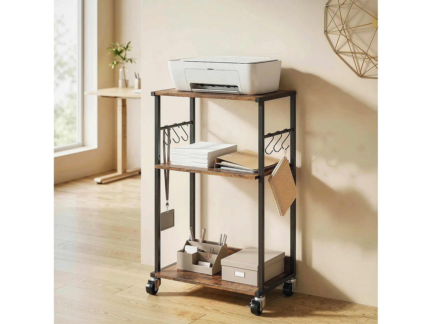 Supporto per stampante 3 livelli con ruote legno marrone rustico