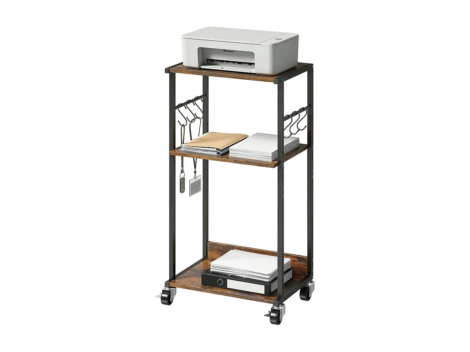 Supporto per stampante 3 livelli con ruote legno marrone rustico