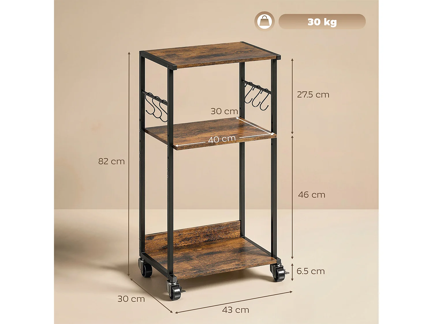 Supporto per stampante 3 livelli con ruote legno marrone rustico