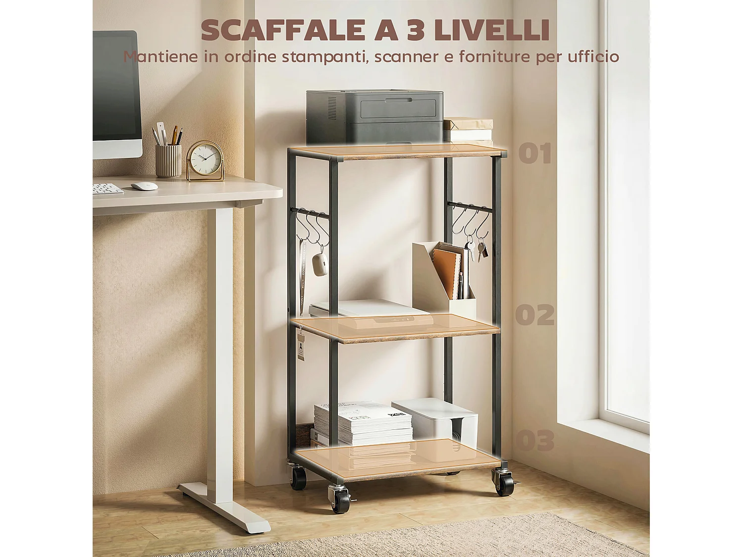 Supporto per stampante 3 livelli con ruote legno marrone rustico