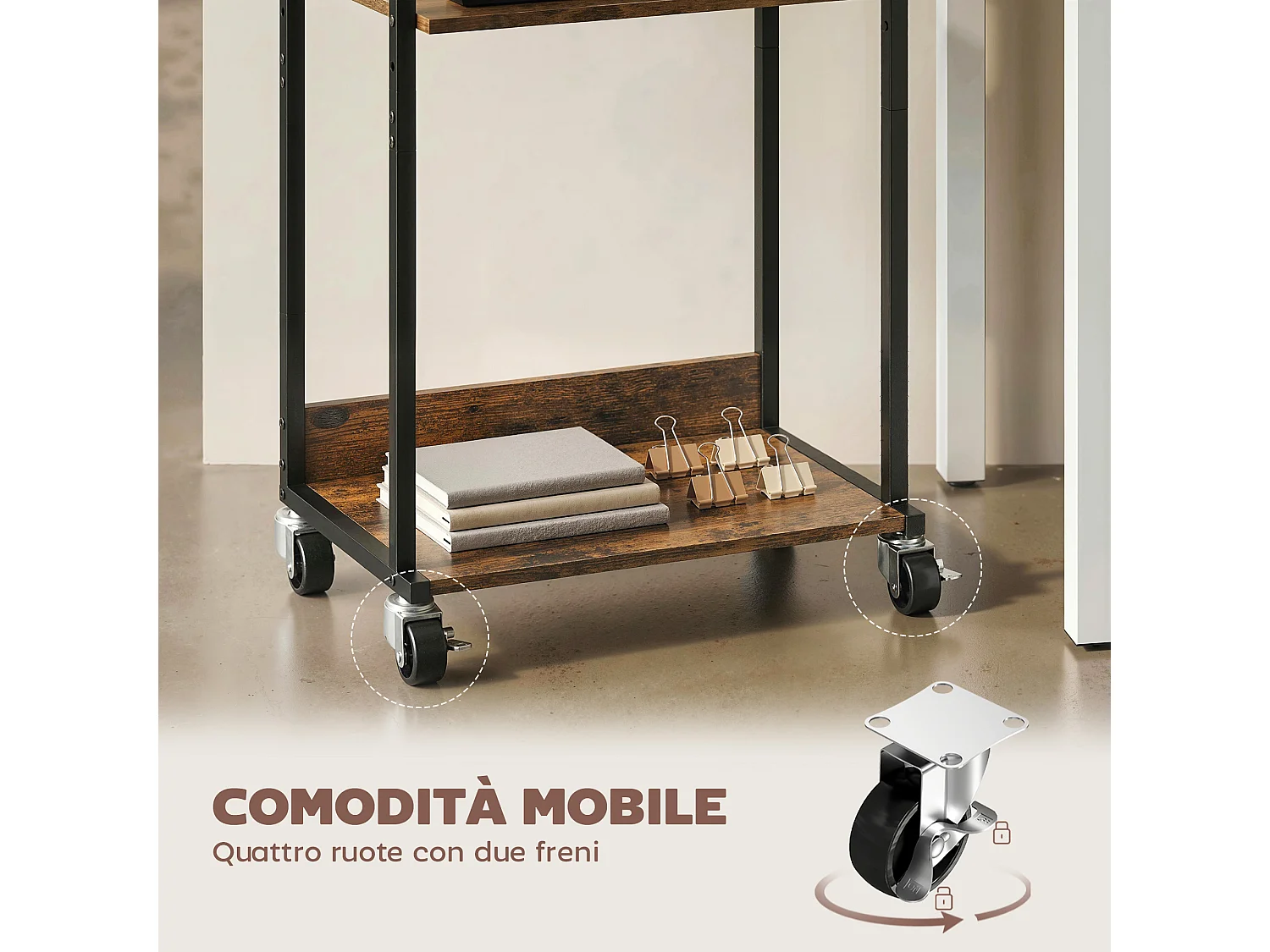 Supporto per stampante 3 livelli con ruote legno marrone rustico