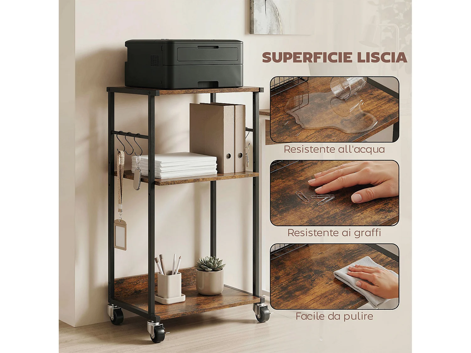 Supporto per stampante 3 livelli con ruote legno marrone rustico