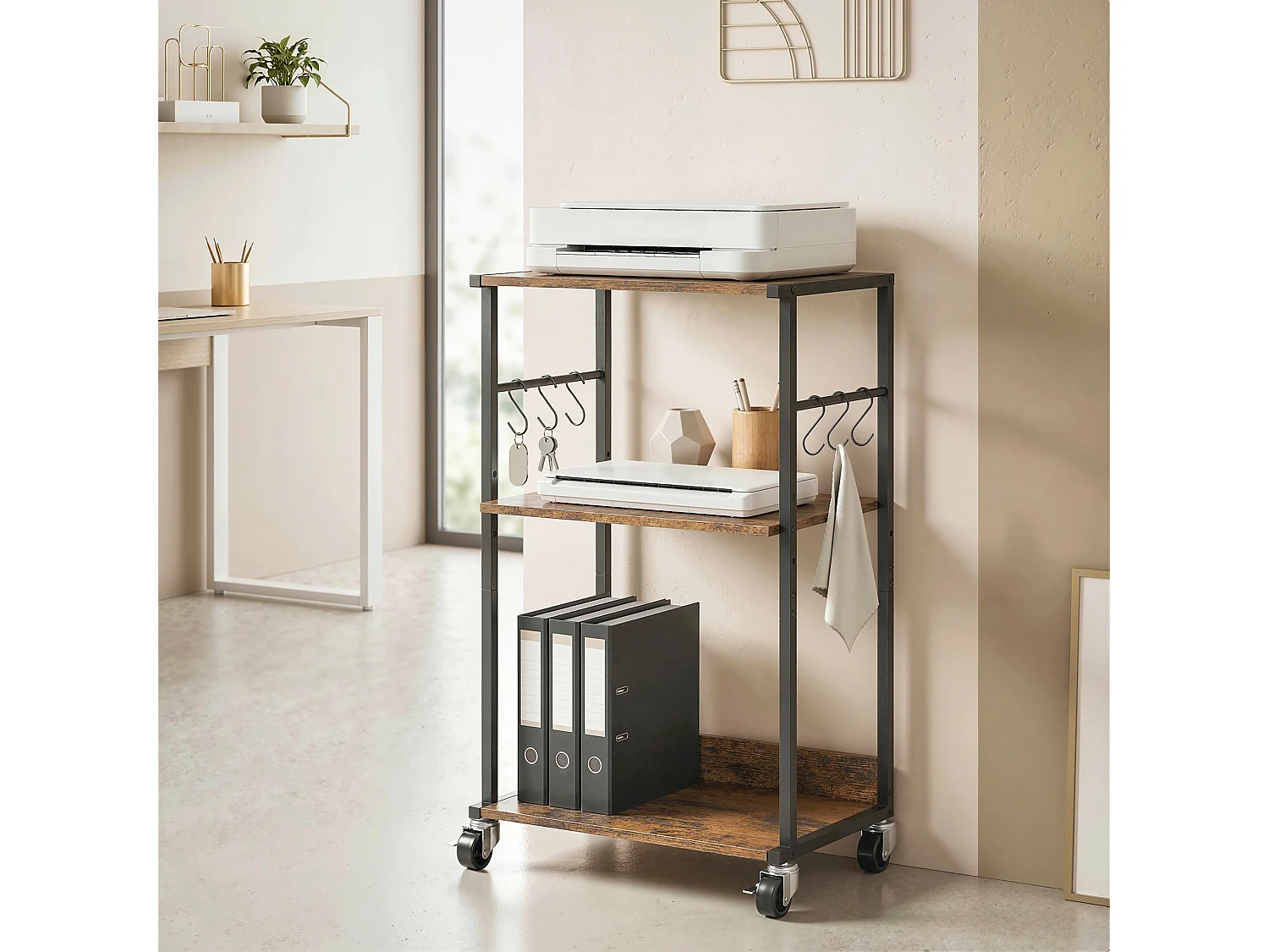 Supporto per stampante 3 livelli con ruote legno marrone rustico