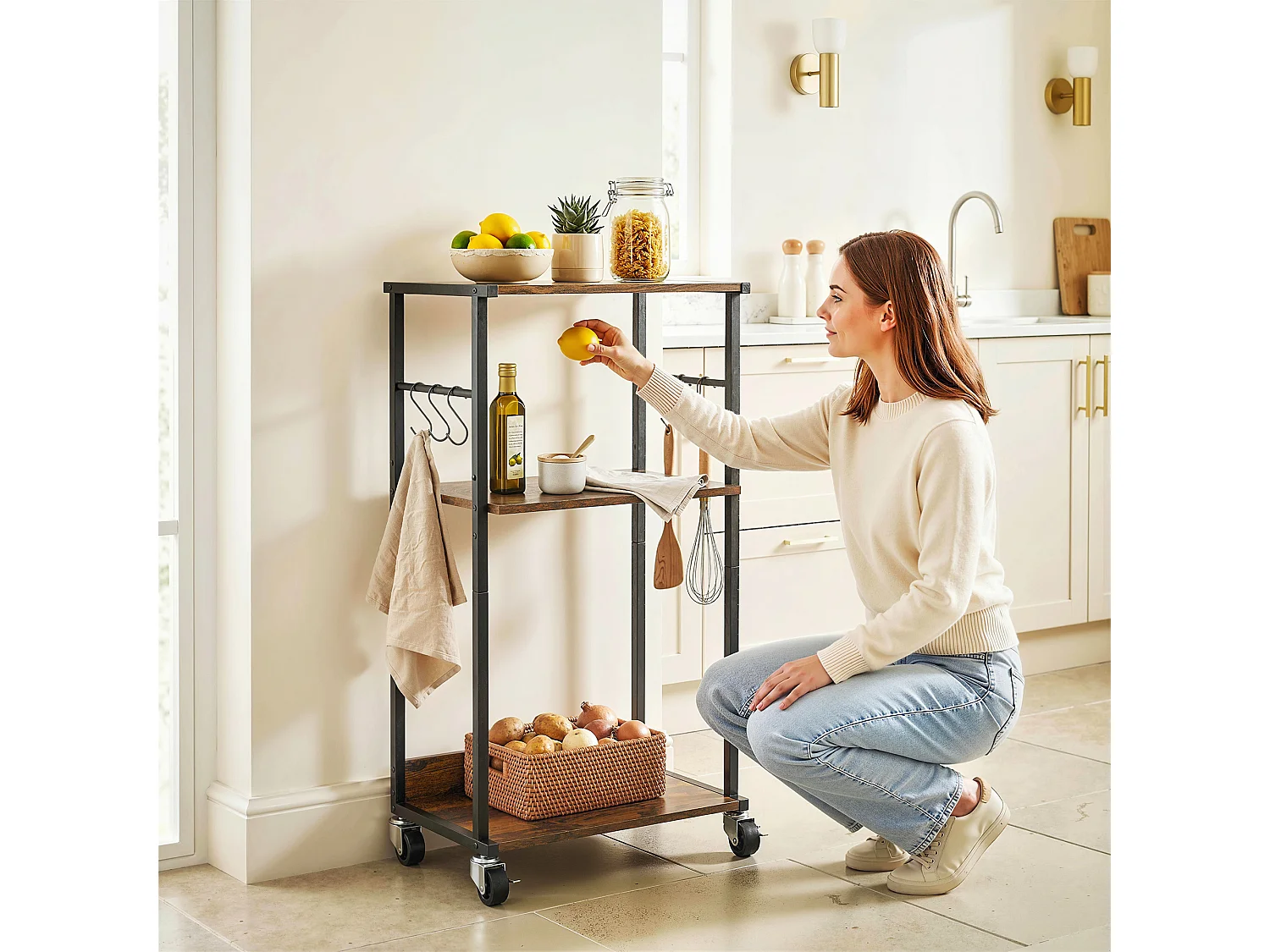 Supporto per stampante 3 livelli con ruote legno marrone rustico