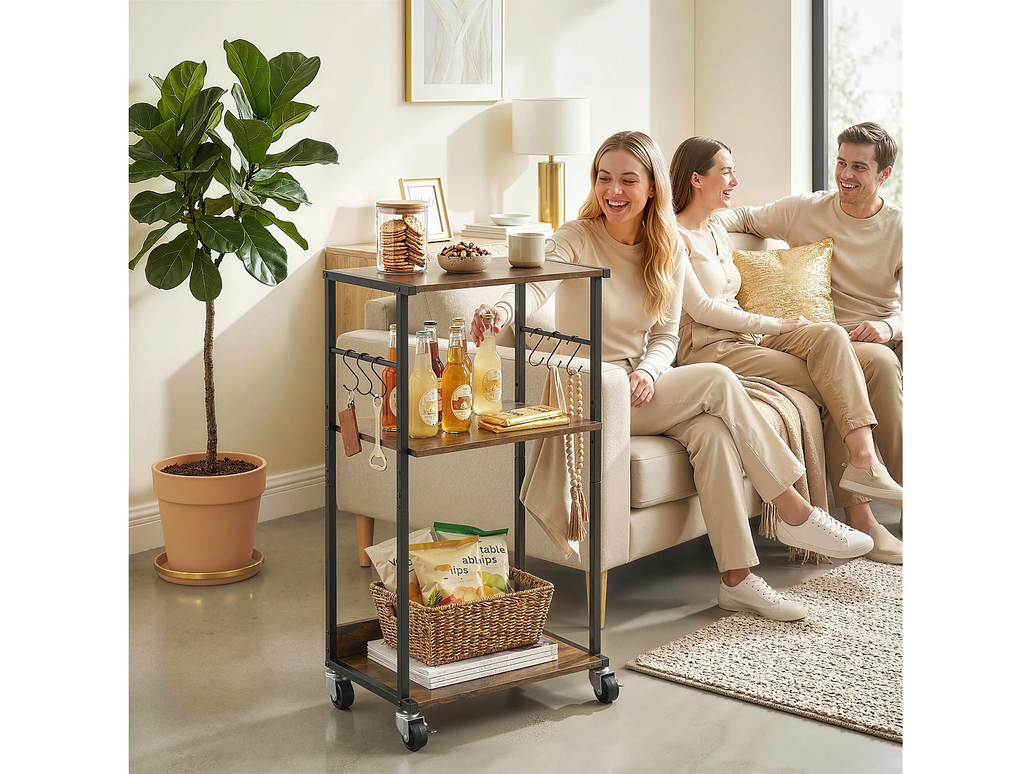 Supporto per stampante 3 livelli con ruote legno marrone rustico