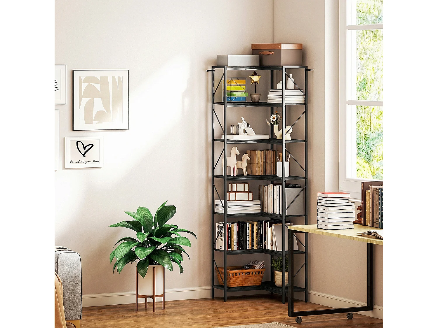 Libreria ad angolo industriale con 7 ripiani effetto legno nero