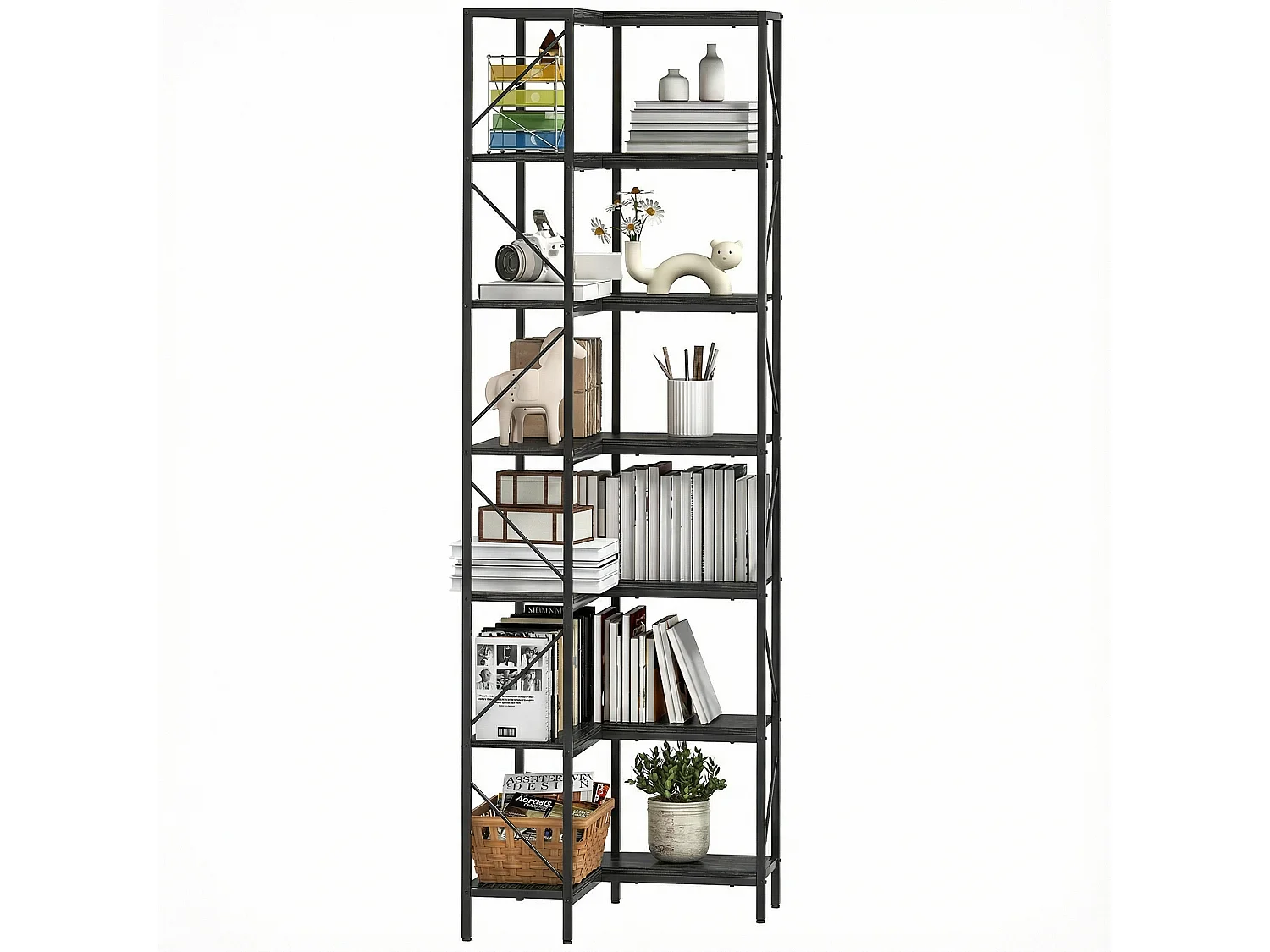 Libreria ad angolo industriale con 7 ripiani effetto legno nero