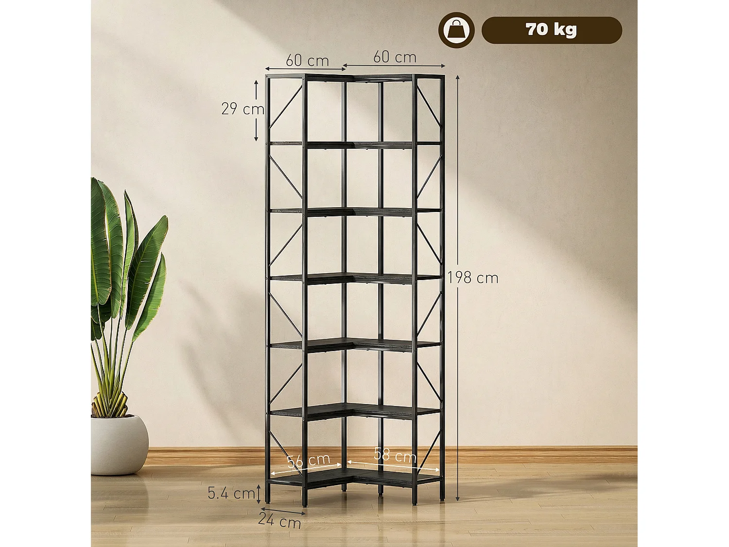 Libreria ad angolo industriale con 7 ripiani effetto legno nero