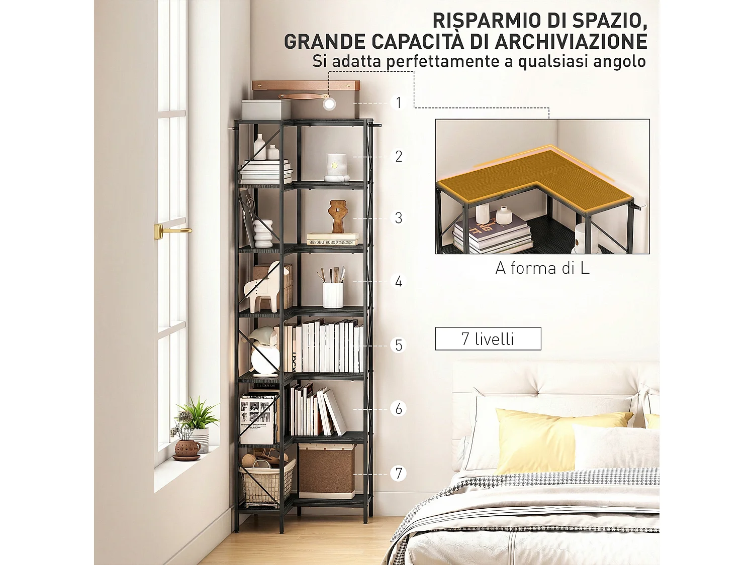 Libreria ad angolo industriale con 7 ripiani effetto legno nero