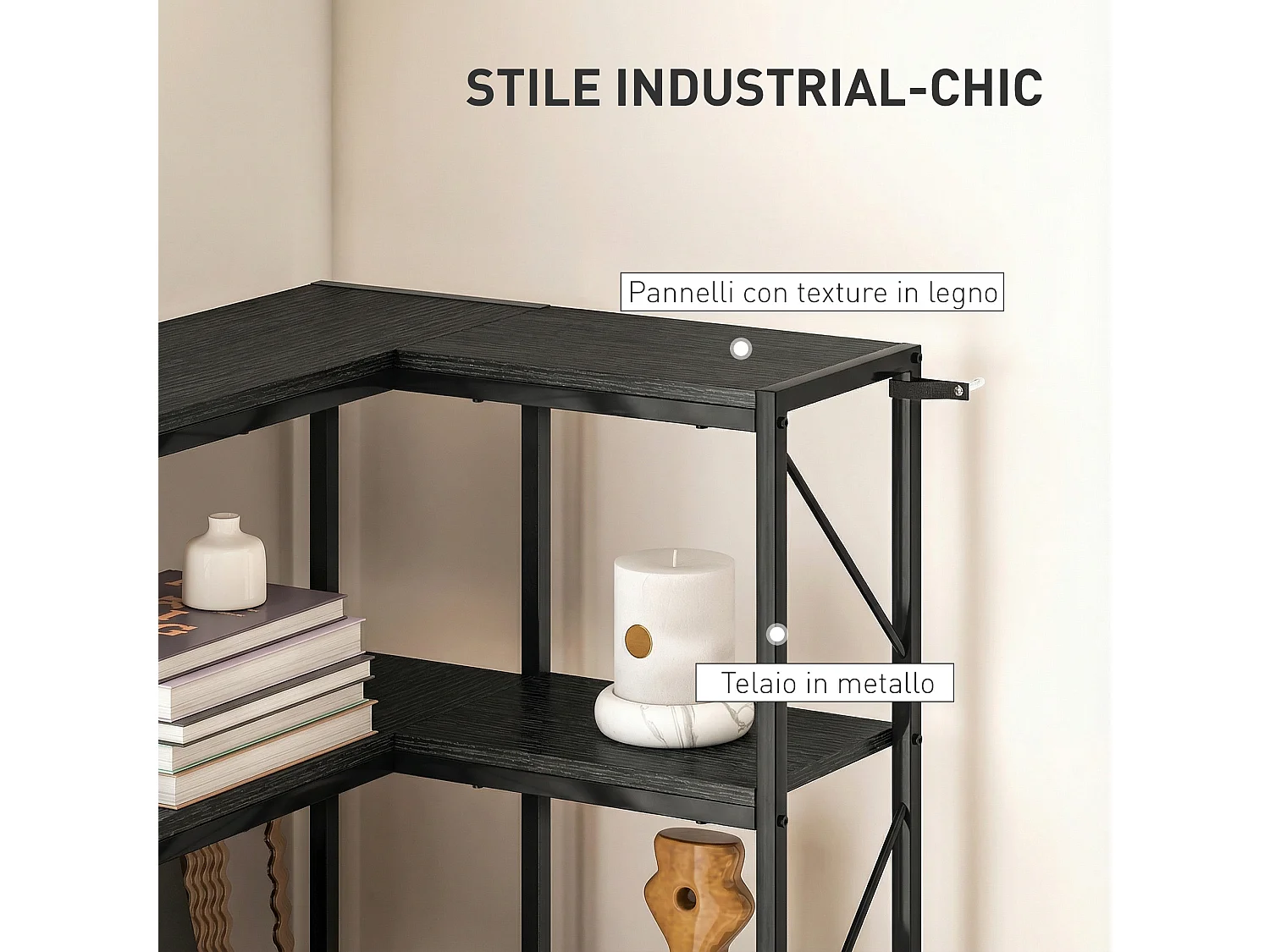 Libreria ad angolo industriale con 7 ripiani effetto legno nero