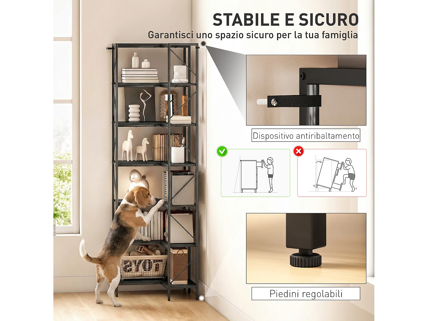 Libreria ad angolo industriale con 7 ripiani effetto legno nero