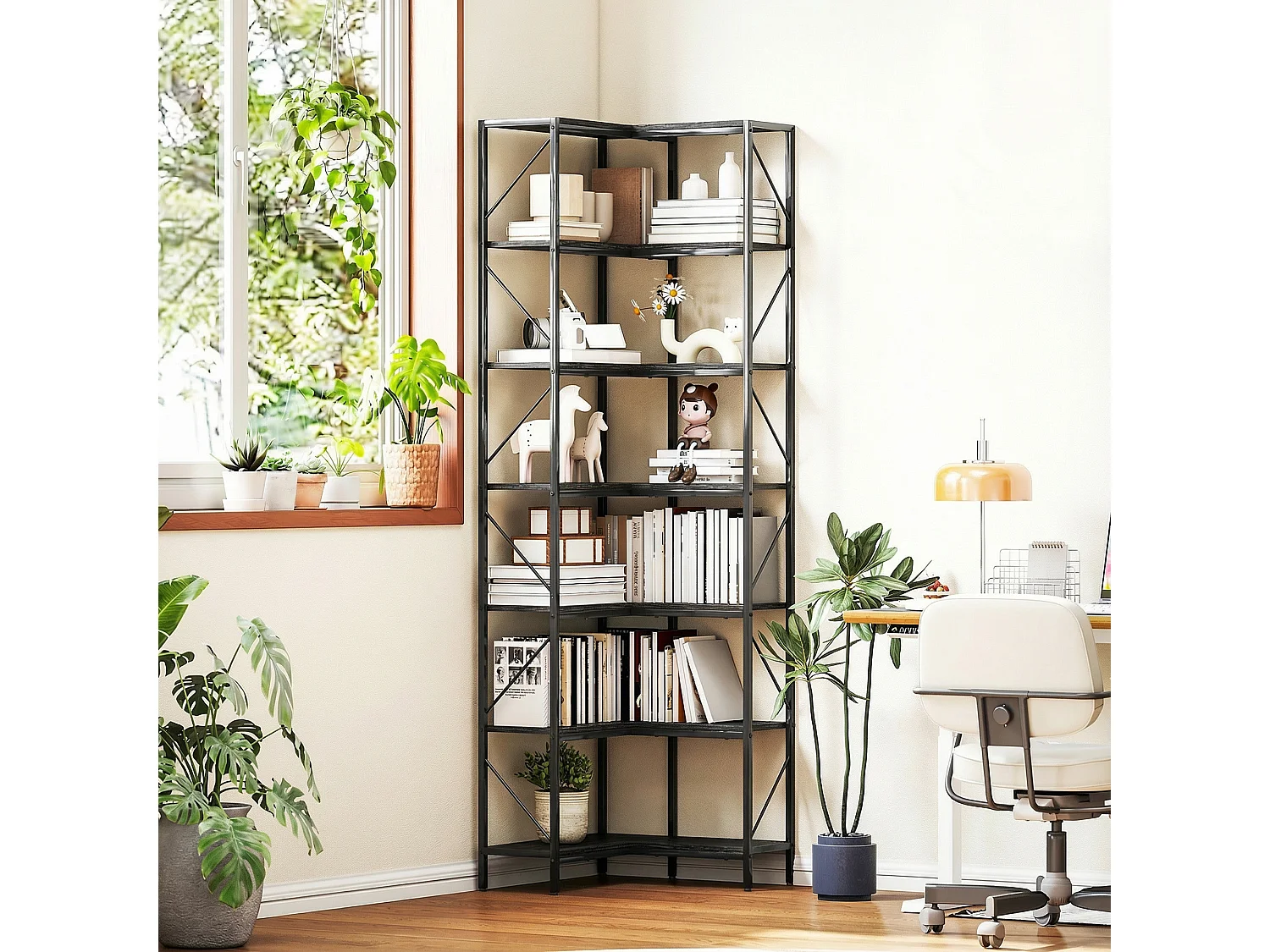 Libreria ad angolo industriale con 7 ripiani effetto legno nero