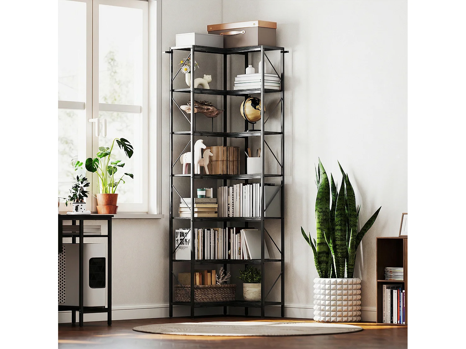 Libreria ad angolo industriale con 7 ripiani effetto legno nero