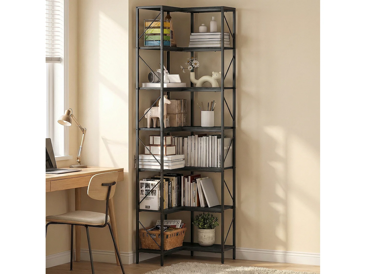 Libreria ad angolo industriale con 7 ripiani effetto legno nero