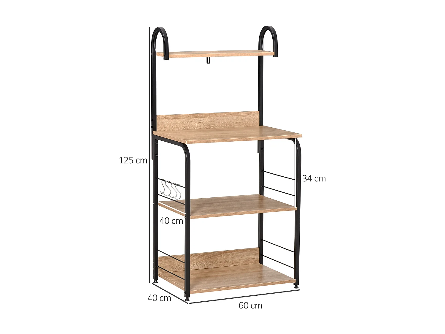 Mobiletto microonde con 4 ripiani e 4 ganci 60x40x125 cm