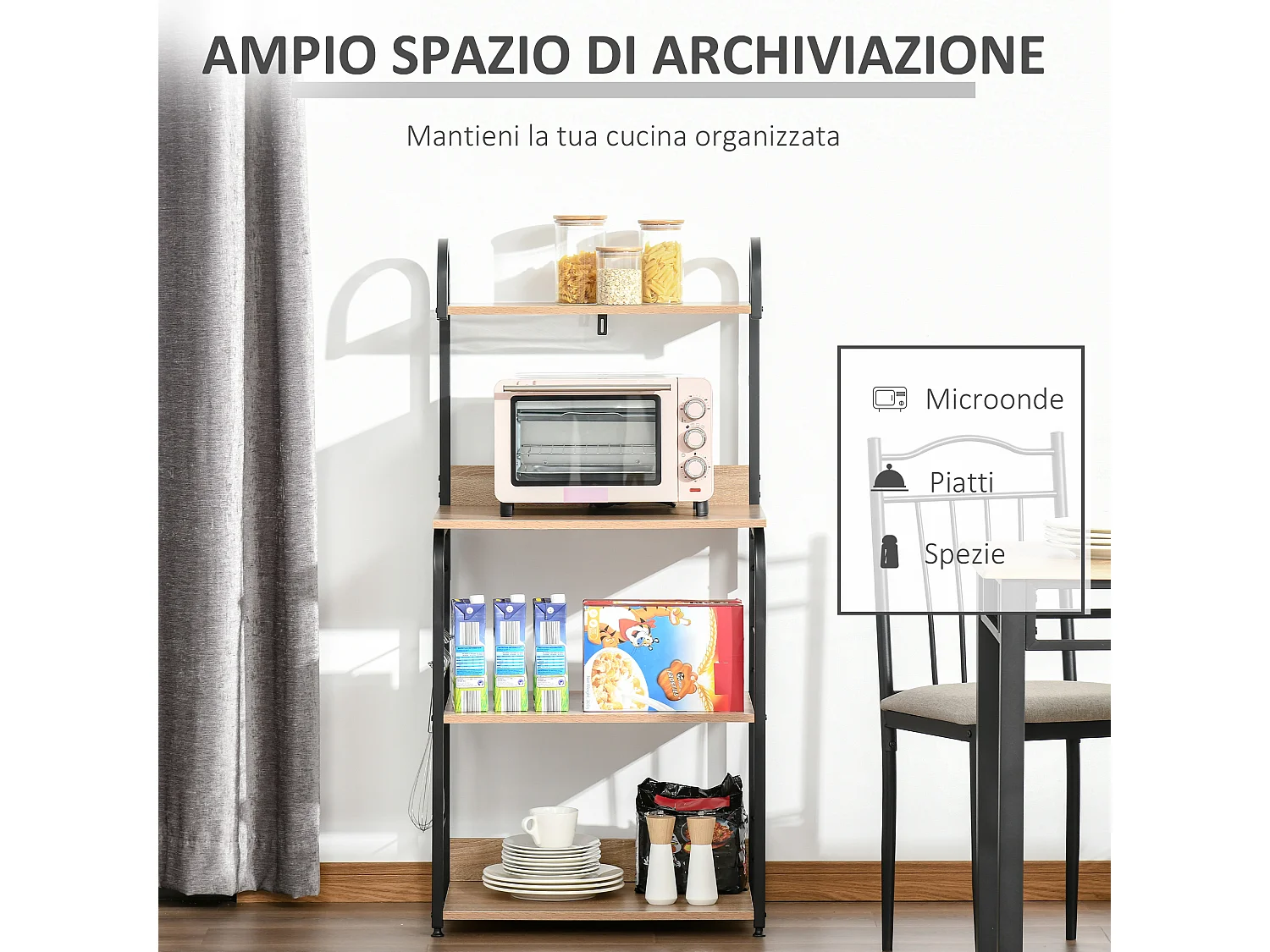 Mobiletto microonde con 4 ripiani e 4 ganci 60x40x125 cm