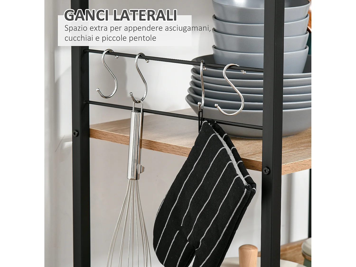 Mobiletto microonde con 4 ripiani e 4 ganci 60x40x125 cm