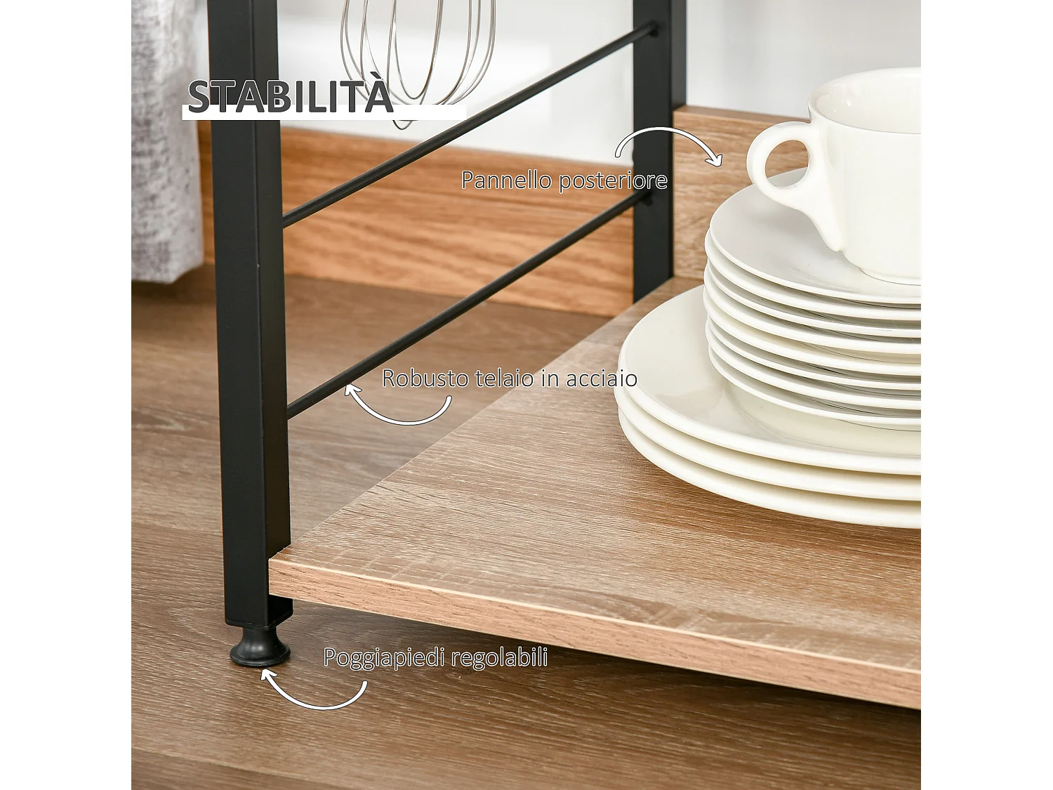 Mobiletto microonde con 4 ripiani e 4 ganci 60x40x125 cm
