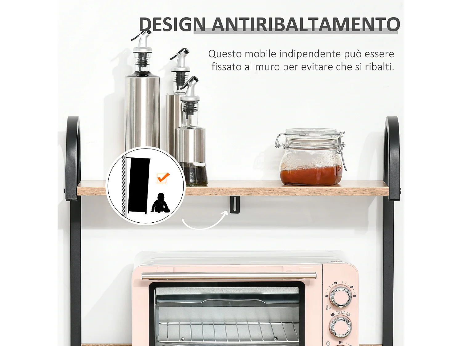 Mobiletto microonde con 4 ripiani e 4 ganci 60x40x125 cm