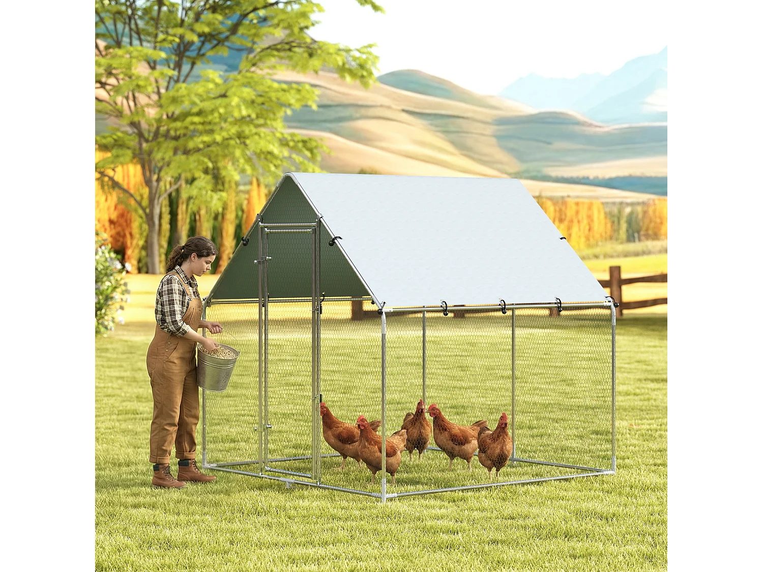 Pollaio per galline da esterno con tetto 2x2x2 m in acciaio argento