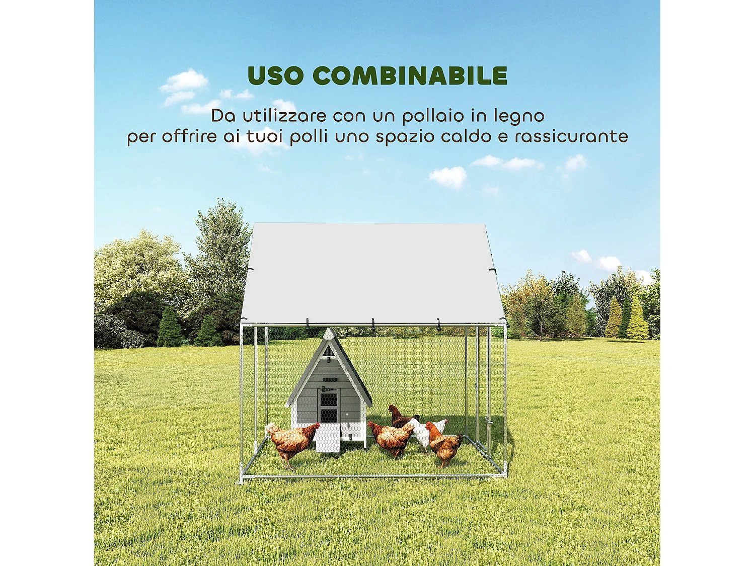 Pollaio per galline da esterno con tetto 2x2x2 m in acciaio argento