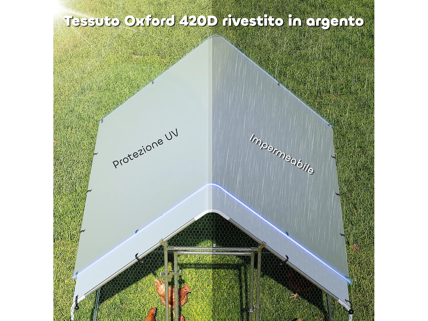 Pollaio per galline da esterno con tetto 2x2x2 m in acciaio argento