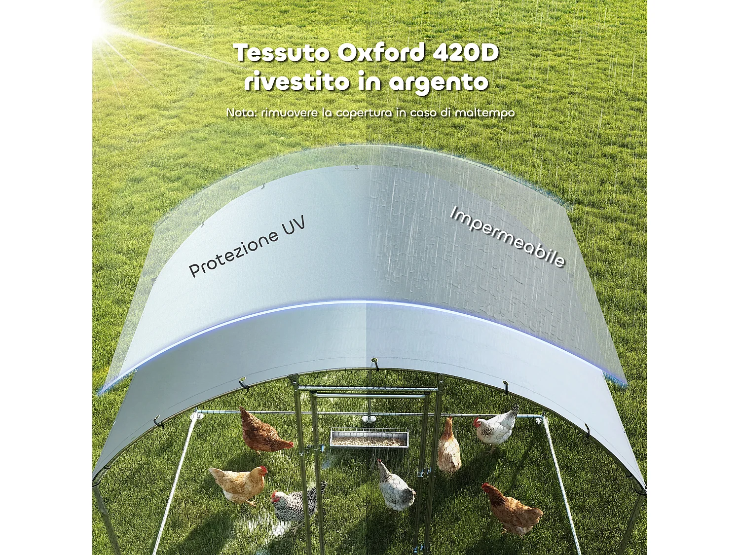 Pollaio da esterno con tetto impermeabile anti uv 2.8x1.7x1.9m argento