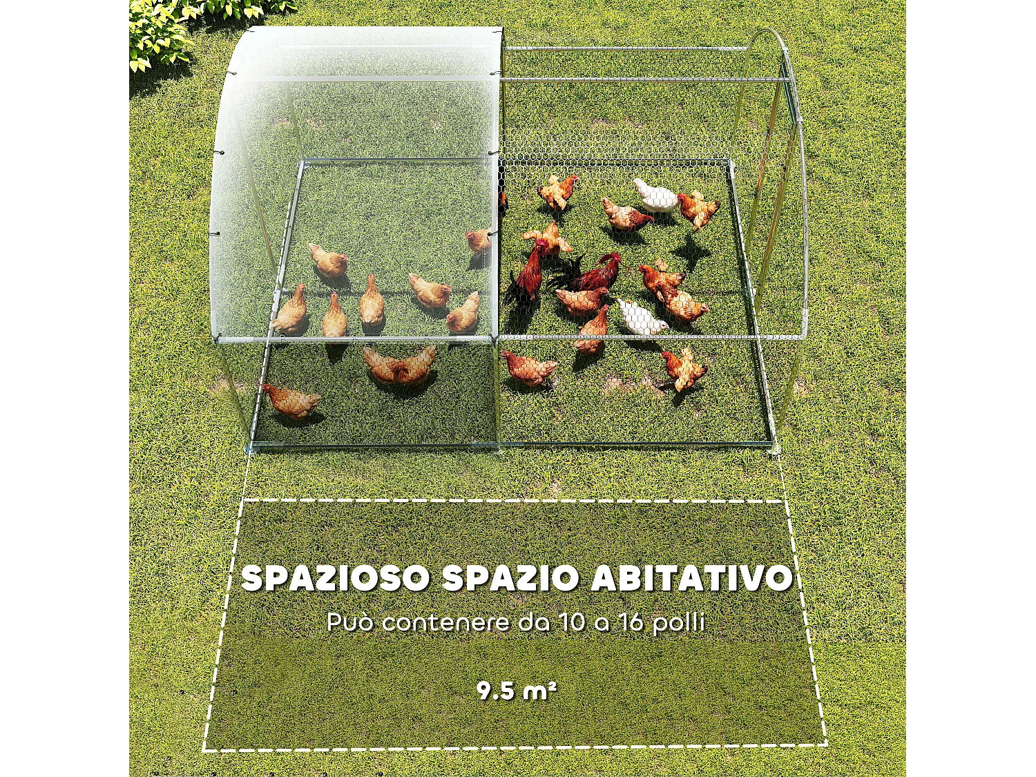 Pollaio da esterno con tetto impermeabile anti uv 2.8x3.4x1.9m argento