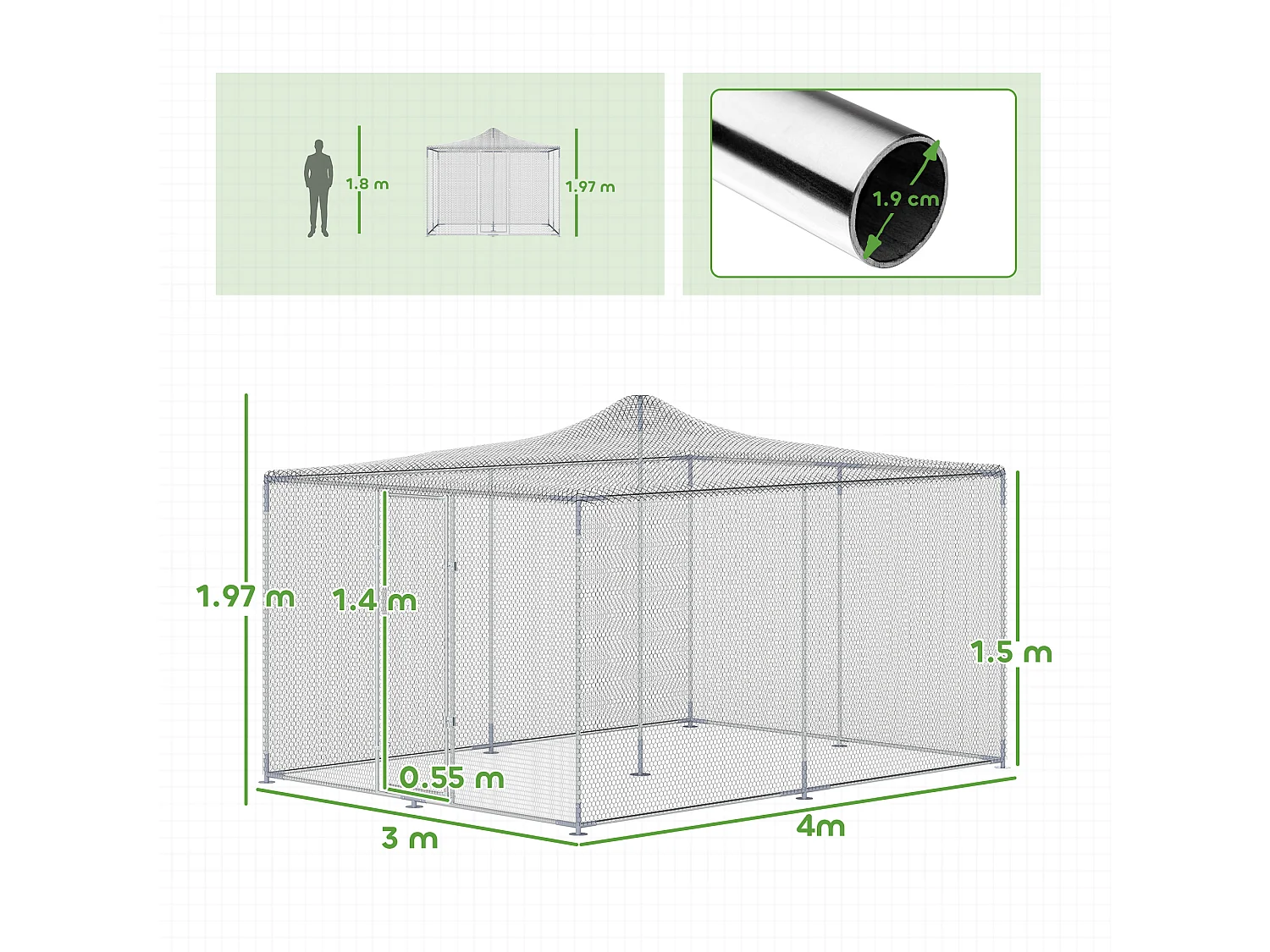 Pollaio per galline da esterno con tetto 4x3x2 m argento