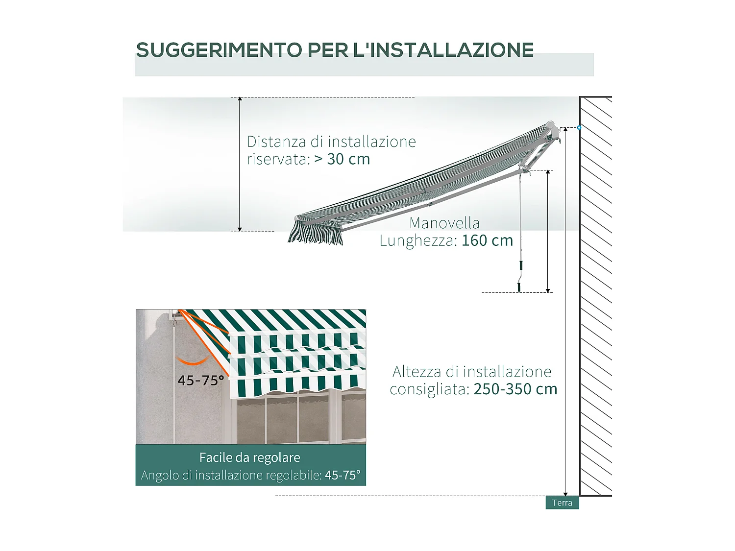 Tenda da sole a bracci per esterno regolazione con manovella