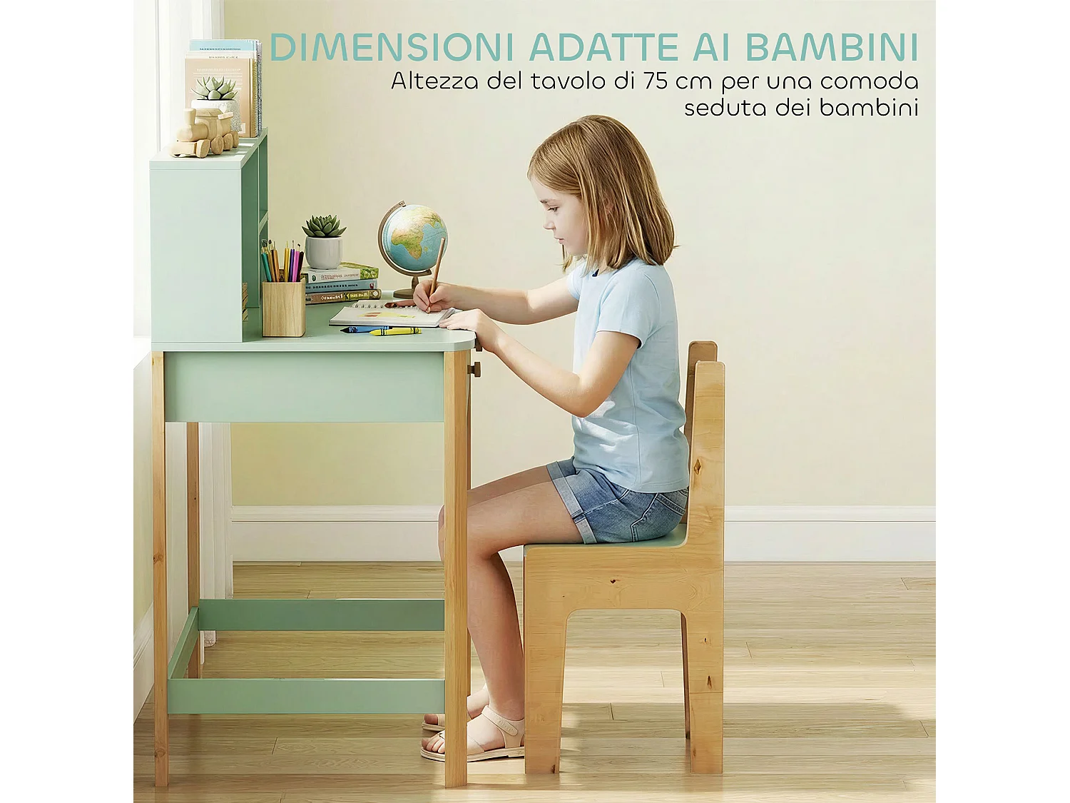 Scrivania per bambini con 3 ripiani e 2 cassetti verde