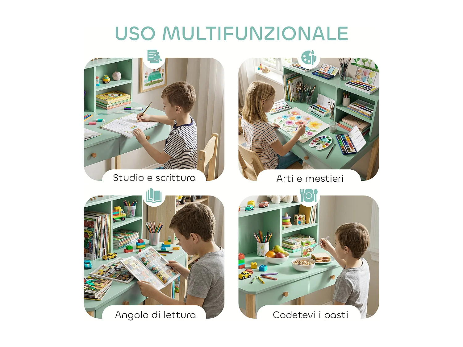 Scrivania per bambini con 3 ripiani e 2 cassetti verde