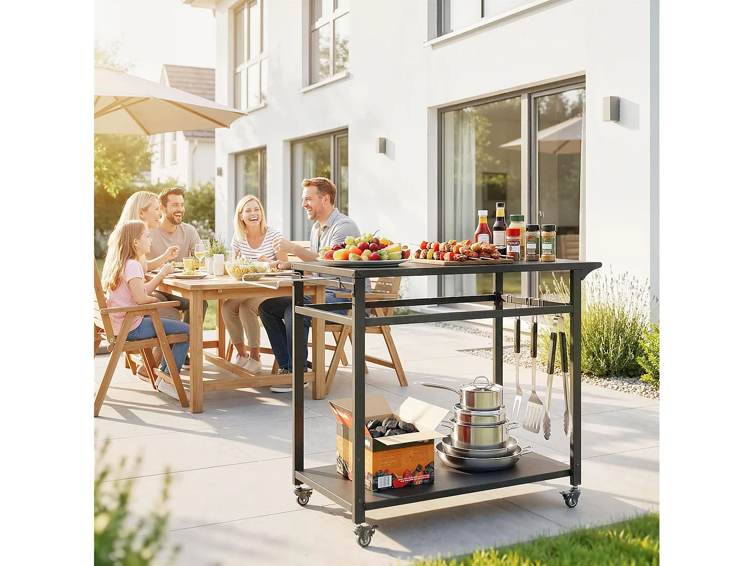 Carrello per barbecue con 2 ripiani in metallo nero